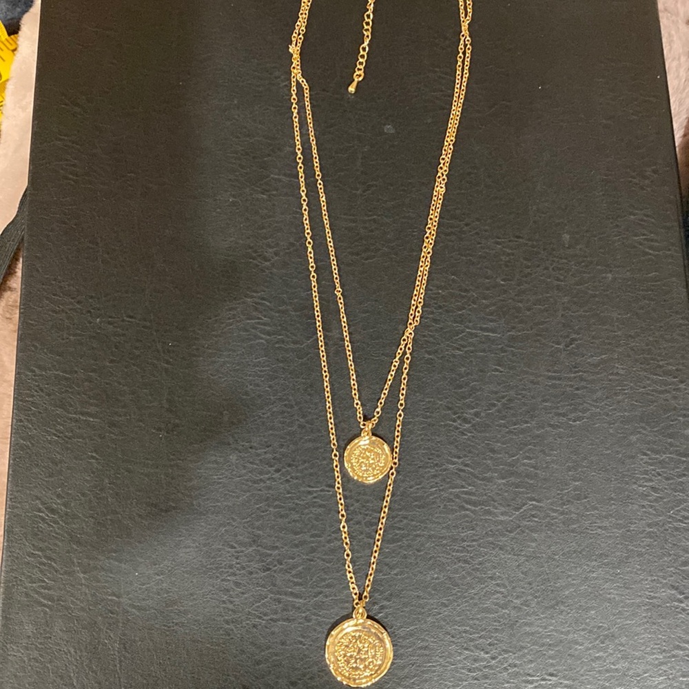 Goldtone double strand coin necklace